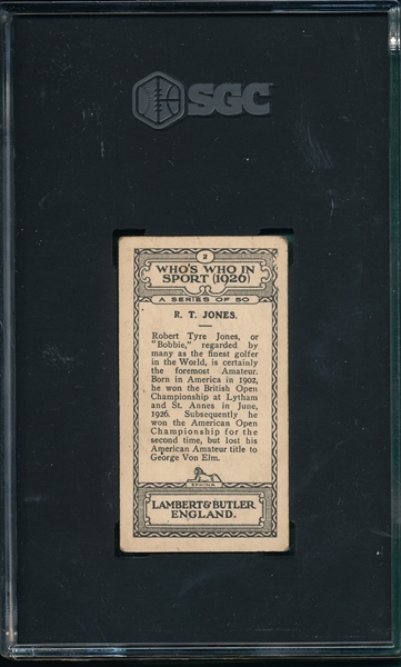 1926 Lambert & Butler Who's Who in Sport R. T. Bobby Jones SGC 2 *Rookie* 