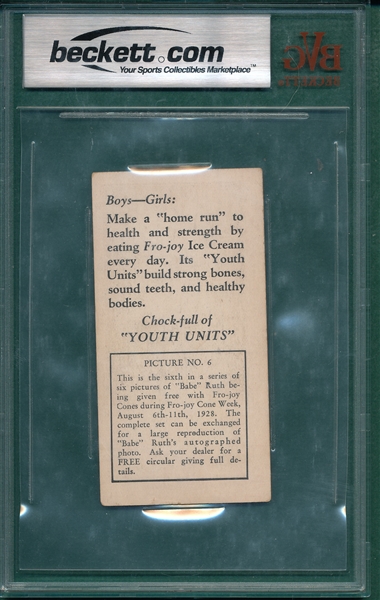 1928 F52 Ruth Is a Crack Fielder, Fro Joy Ice Cream, BVG 3.5