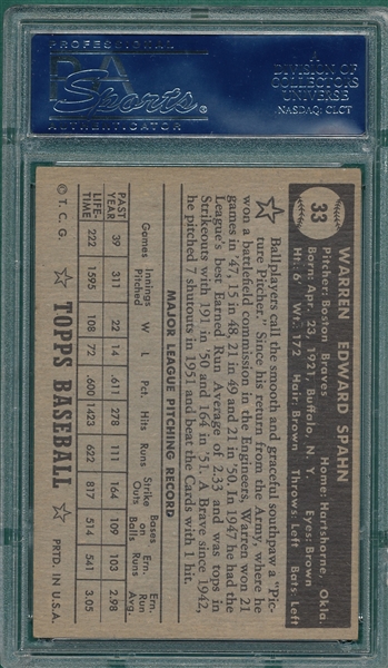 1952 Topps #33 Warren Spahn PSA 4.5 *Black Back*