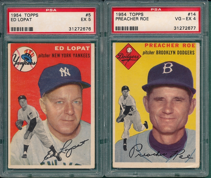 1954 Topps #5 Lopat & #14 Roe, Lot of (2) PSA