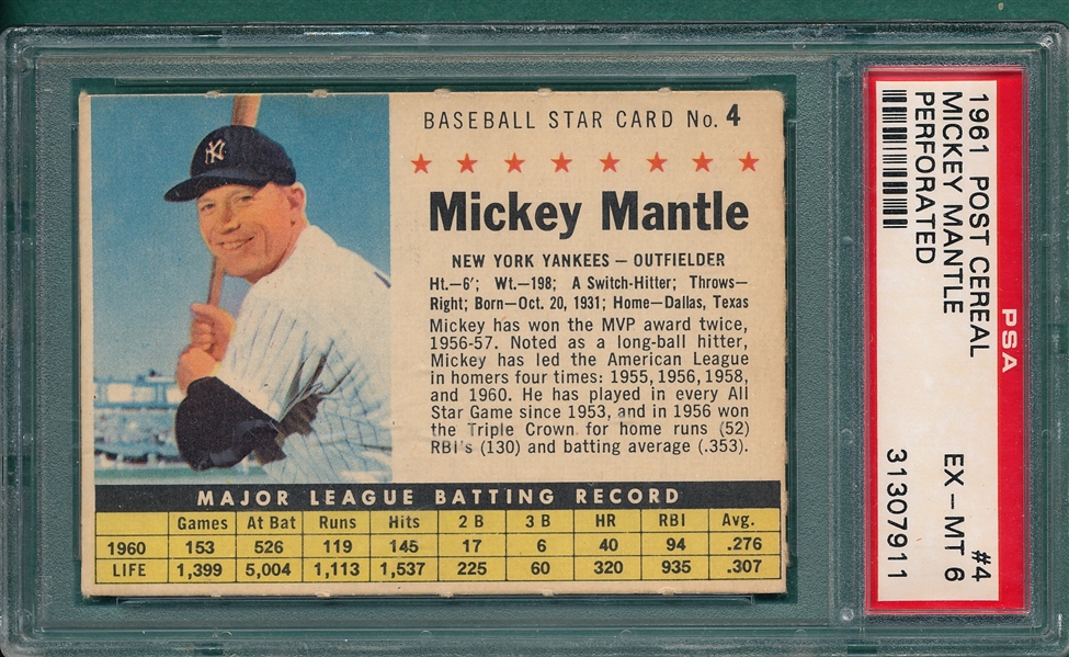 1961 Post #4 Mickey Mantle PSA 6