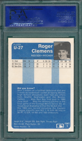 1984 Fleer Update #U-27 Roger Clemens PSA 8 *Rookie*