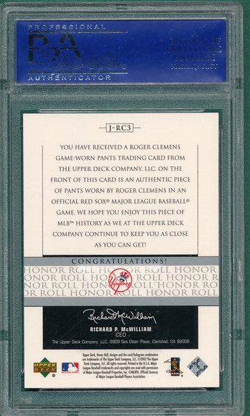 2002 UD Honor Roll #J-RC3 Roger Clemens, Game Jersey, PSA 9