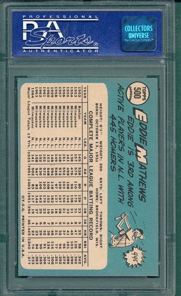 1965 Topps #500 Eddie Mathews PSA 8