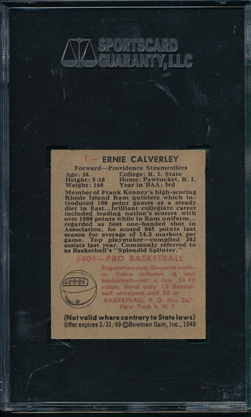 1948 Bowman Basketball #1 Ernie Calverley SGC 80