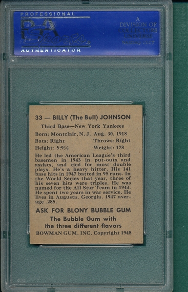 1948 Bowman #33 Bill Johnson PSA 8