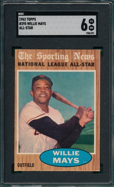 1962 Topps #395 Willie Mays, AS, SGC 6