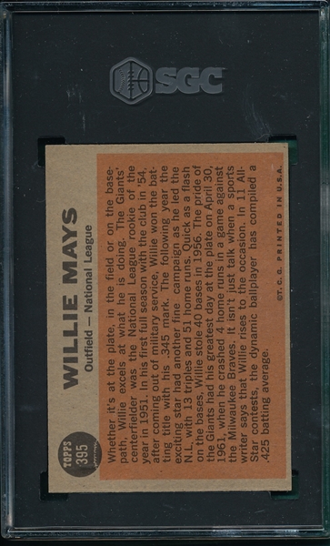 1962 Topps #395 Willie Mays, AS, SGC 6