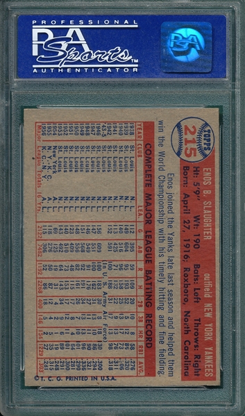 1957 Topps #215 Enos Slaughter PSA 8