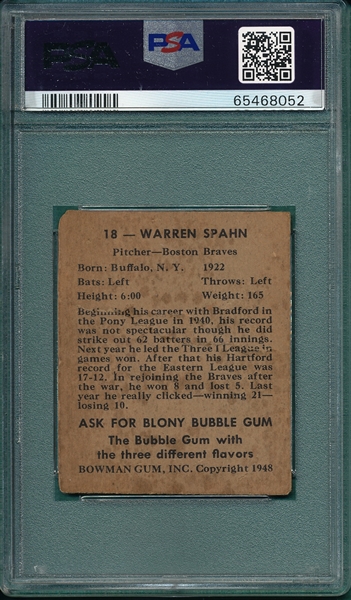 1948 Bowman #18 Warren Spahn PSA 1 *Rookie*