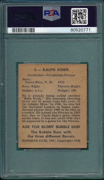 1948 Bowman #3 Ralph Kiner PSA 5 *Rookie*