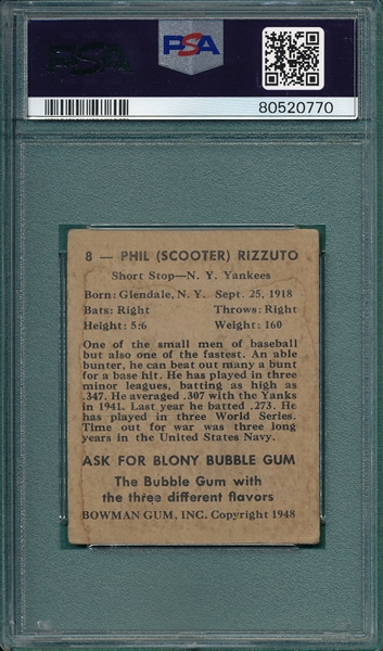 1948 Bowman #8 Phil Rizzuto PSA 3 (MK)