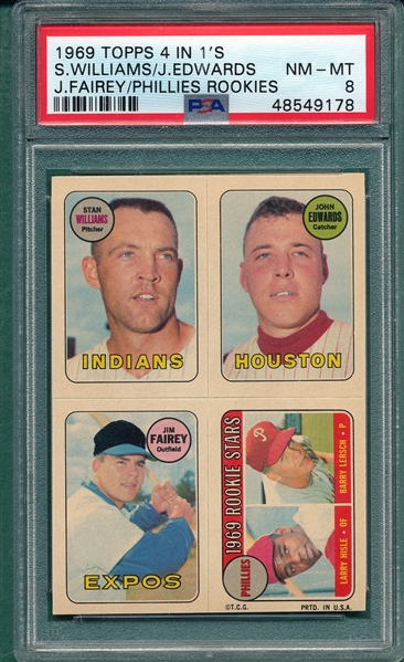 1969 Topps Baseball 4 In 1's, Williams/Edwards/Fairey/Phillies Rookies, PSA 8 