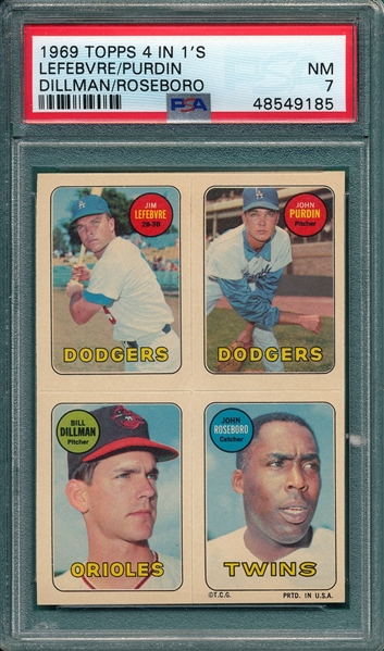 1969 Topps Baseball 4 In 1's, Lefebvre/Purdin/Dillman/Roseboro, PSA 7