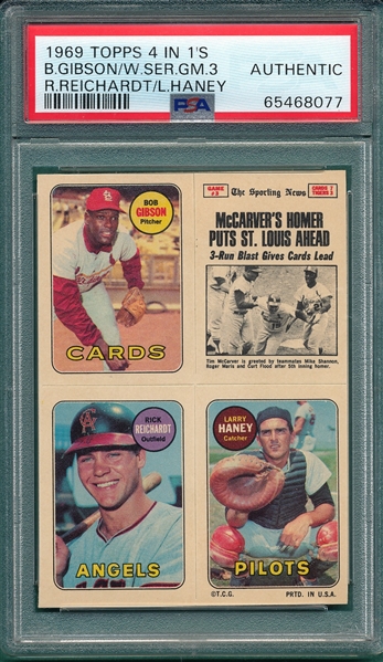 1969 Topps Baseball 4 In 1's, WS Game 3/Reichardt/Haney/ Bob Gibson, PSA Authentic