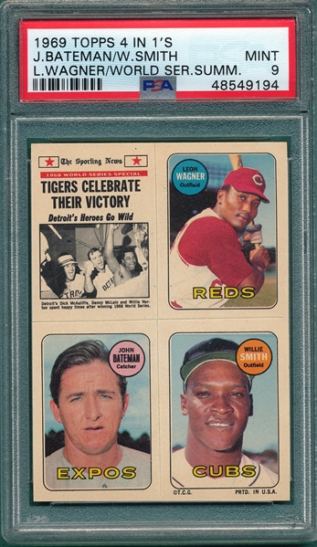 1969 Topps Baseball 4 In 1's, WS Summary/ Wagner/Bateman/Smith, PSA 9