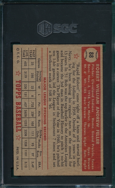 1952 Topps #88 Bob Feller SGC 3 