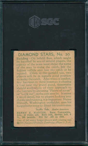 1934-36 Diamond Stars #30 Manush SGC 1.5 W On Sleeve