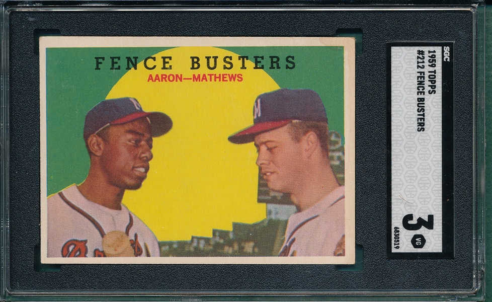 1959 Topps #212 Fence Busters W/ Mathews & Aaron, SGC 3