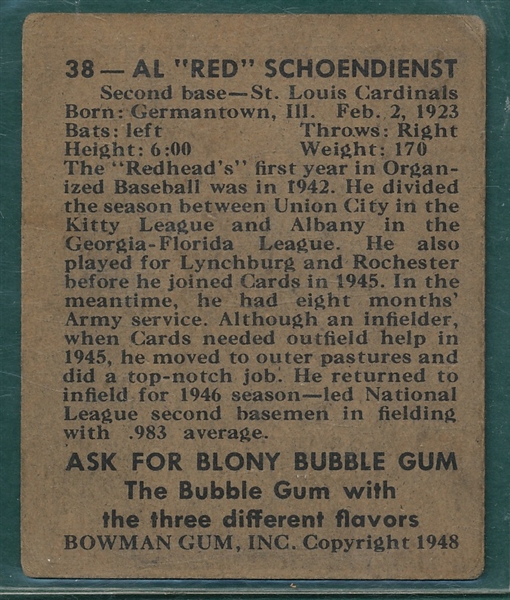 1948 Bowman #38 Red Schoendienst, Rookie