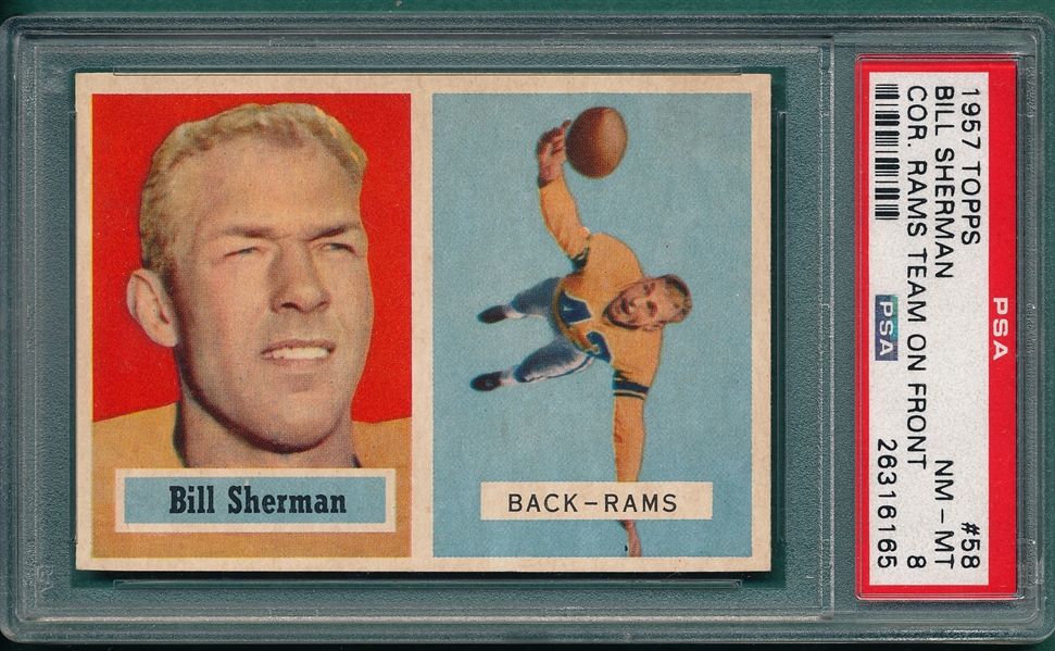 1957 Topps Football #58 Bill Sherman PSA 8 *Team On Front*