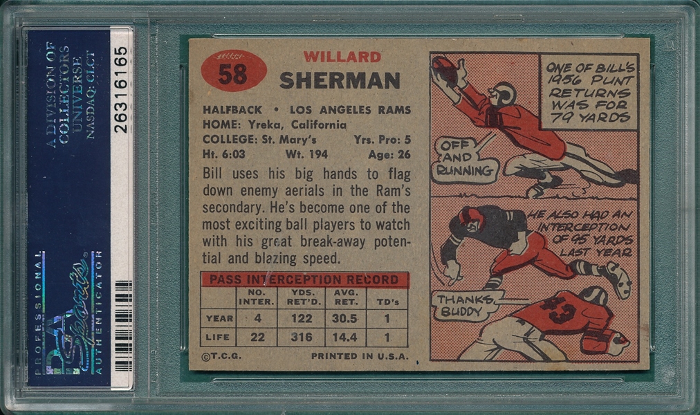 1957 Topps Football #58 Bill Sherman PSA 8 *Team On Front*