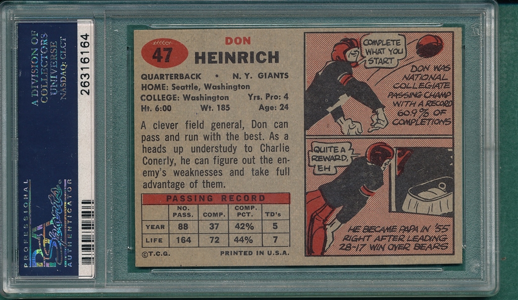 1957 Topps Football #47 Don Heinrich PSA 8 