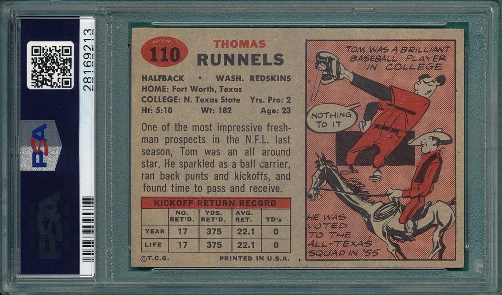 1957 Topps Football #110 Tom Runnels PSA 8 