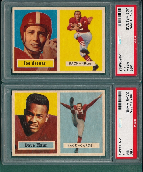 1957 Topps Football #50 Mann PSA 7 & #66 Arenas PSA 7.5, Lot of (2) PSA 