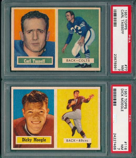 1957 Topps Football #77 Tasseff & #116 Moegle, Lot of (2) PSA 7