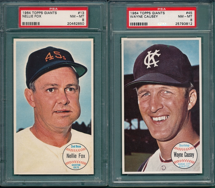 1964 Topps Giants #13 Fox & #45 Causey, SP, Lot of (2), PSA 8 