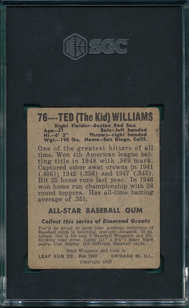 1948-49 Leaf #76 Ted Williams SGC 3