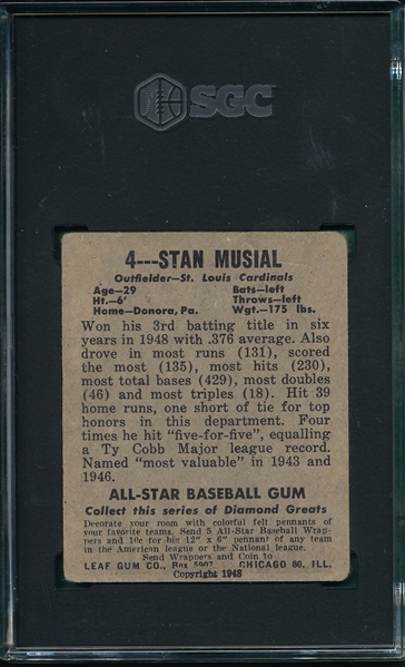 1948-49 Leaf #4 Stan Musial SGC 1.5 *Rookie*