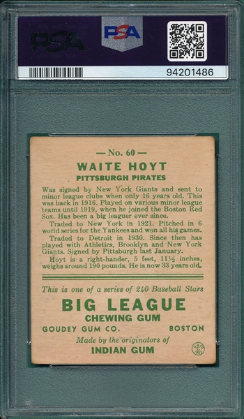 1933 Goudey #60 Waite Hoyt PSA 3