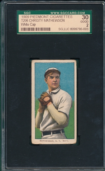 1909-1911 T206 Christy Mathewson, White Cap, Piedmont Cigarettes, SGC 30 *Stamped Back*