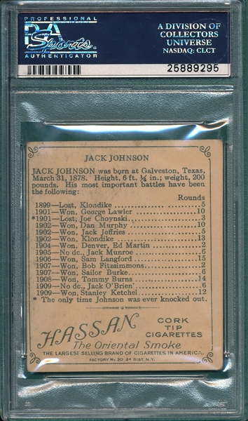 1910 T218 Jack Johnson, Side Face, Hassan Cigarettes PSA 3