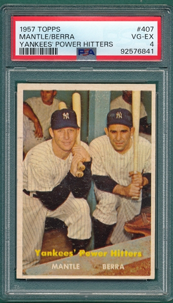 1957 Topps #407 Yankees Power Hitters W/ Berra & Mantle PSA 4