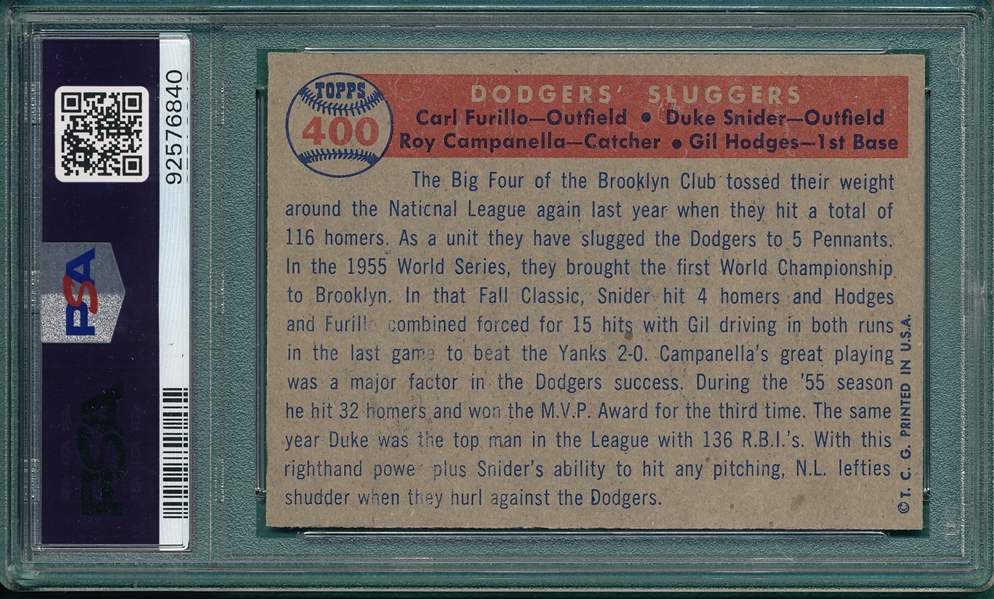 1957 Topps #400 Dodgers Sluggers W/ Snider & Campanella, PSA 6