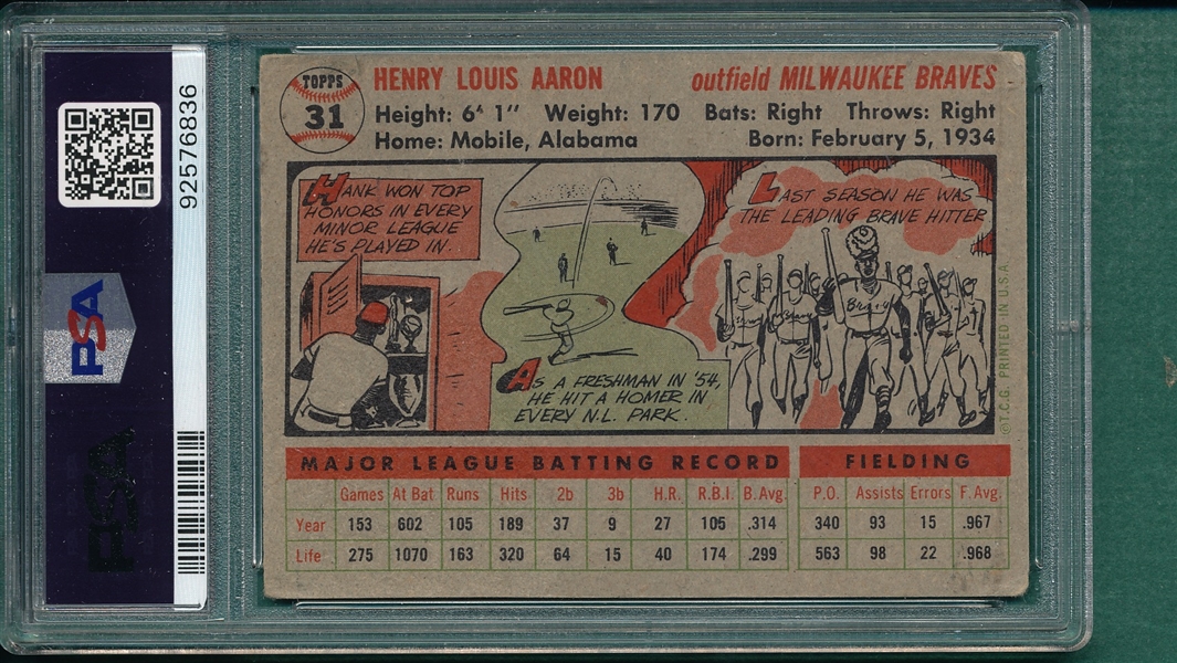 1956 Topps #31 Hank Aaron PSA 2 *Gray*