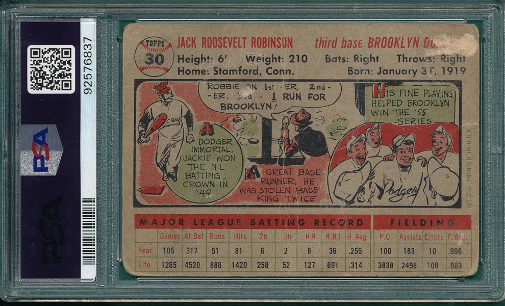 1956 Topps #30 Jackie Robinson PSA 1 (MK) *Gray*