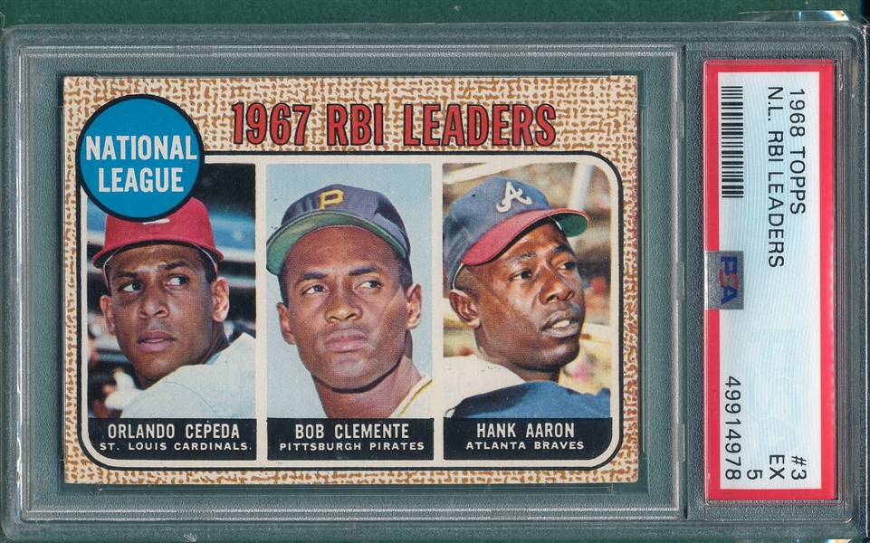 1968 Topps #3 NL RBI Leaders W/ Clemente & Aaron, PSA 5