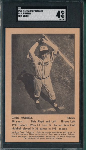 1932 NY Giants PC Carl Hubbell SGC 4