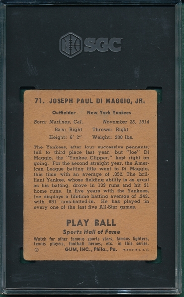 1941 Play Ball #71 Joe DiMaggio SGC 3