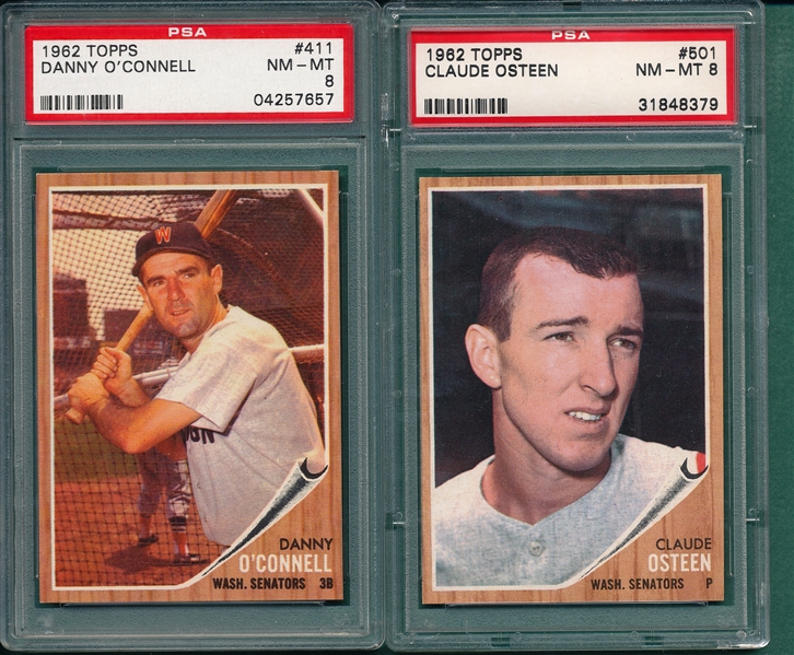 1962 Topps #411 O'Connell & #501 Osteen, Lot of (2), PSA 8