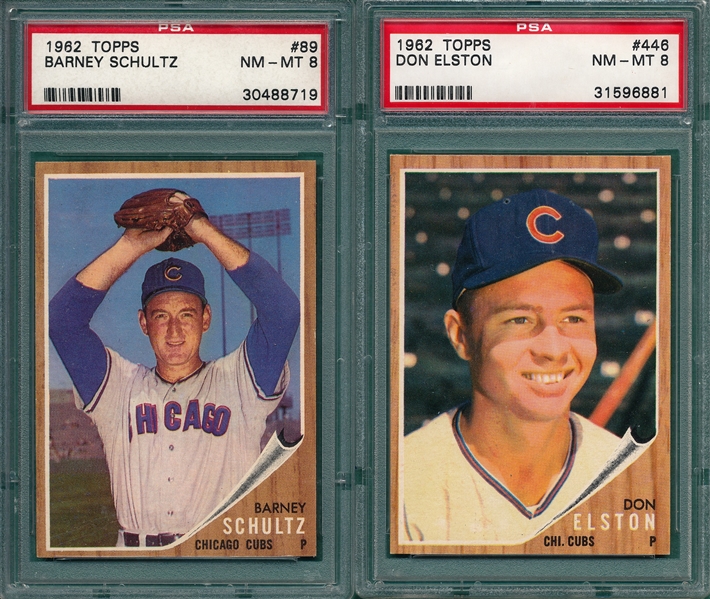 1962 Topps #446 Elston & #89 Schultz, Lot of (2), PSA 8