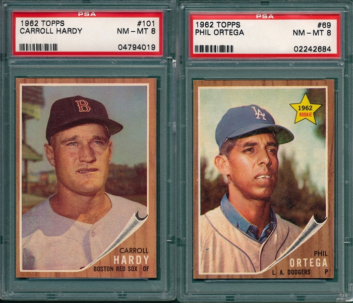 1962 Topps #101 Hardy & #69 Ortega, Lot of (2), PSA 8