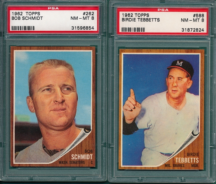 1962 Topps #262 Schmidt & #588 Tebbetts, Lot of (2), PSA 8