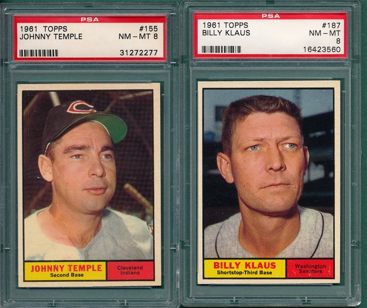 1961 Topps #155 Temple & #187 Klaus, Lot of (2), PSA 8