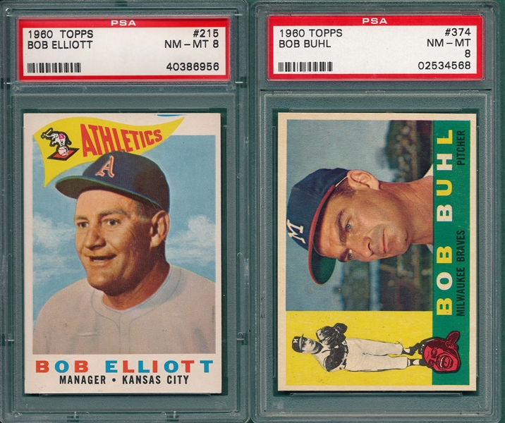 1960 Topps #215 Elliott & #374 Buhl, Lot of (2), PSA 8