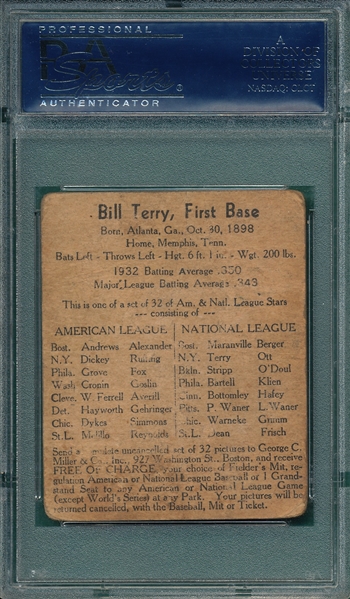 1933 George C. Miller Bill Terry PSA 1